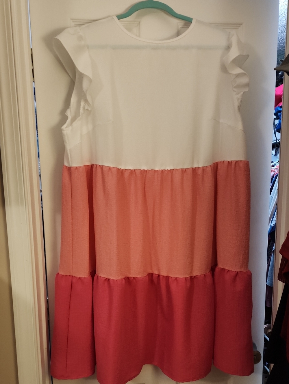 SHEIN Womens White, Coral and Dark Coral Tiered Ruffle Sleeve Dress.NWT